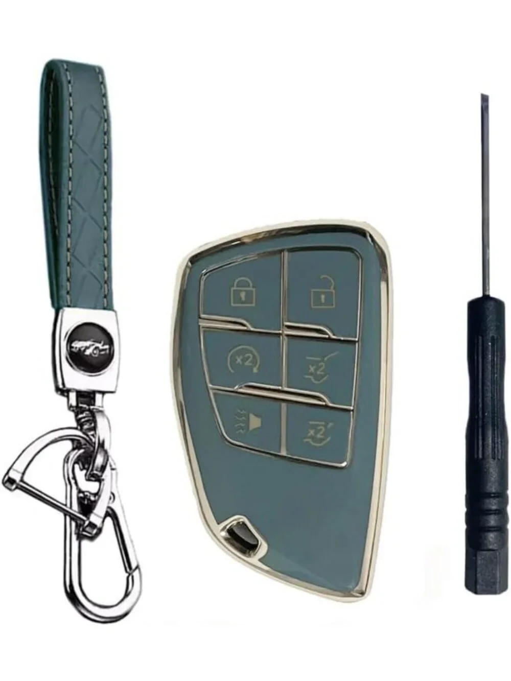 Stylish Green & Gold Key Fob Cover with Keychain for Chevy GMC Hummer EV